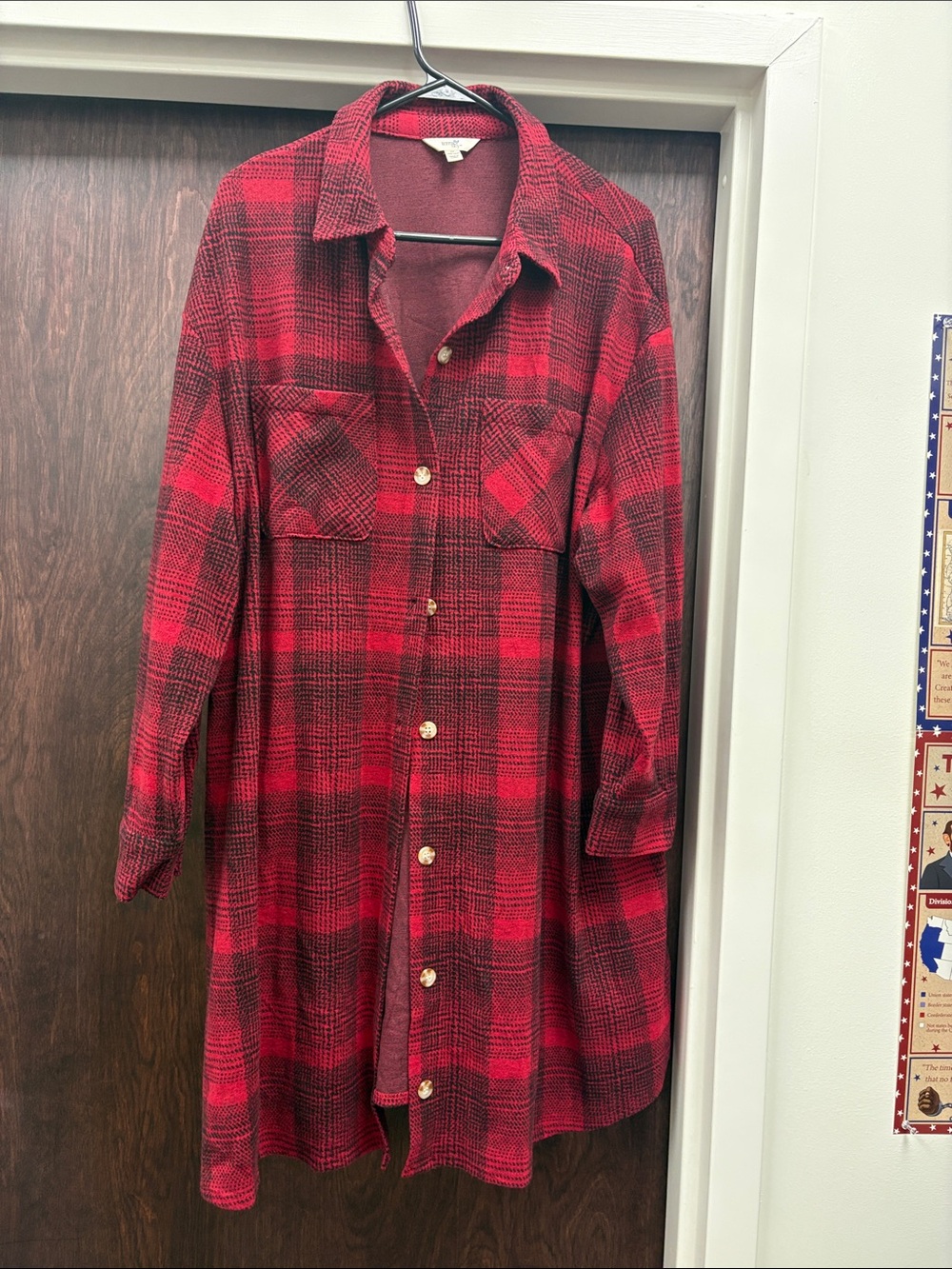Terra & Sky Red Plaid Long Button-Up Jean Jacket